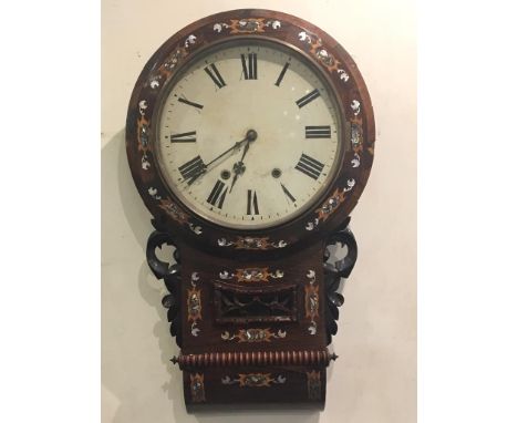 Victorian rosewood and mother of pearl drop trunk wall clock, circa 1860, painted 30cm dial with Roman numerals, the movement