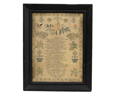 Early Victorian silk needlework sampler by Mary Ann Sanders, dated April 27th 1838, Aged 10 years, centred with a poem and bo