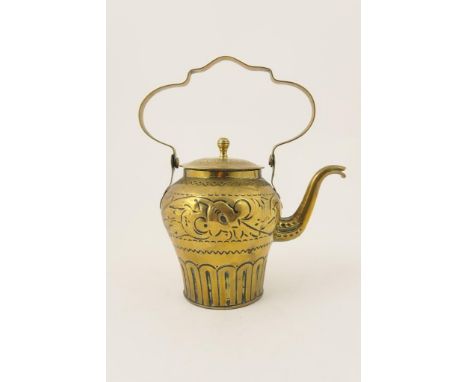 Dutch brass teapot, 19th Century, inverted baluster form with incised decoration, height 26.5cm