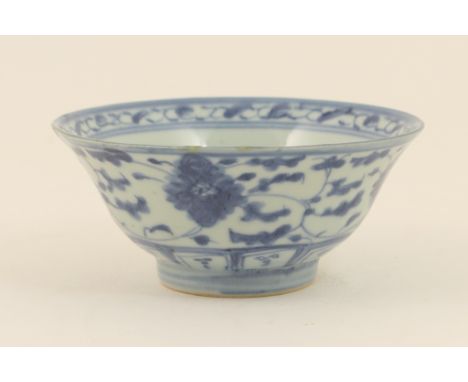 Chinese provincial blue and white bowl, 19th Century, flared form decorated with scrolling foliage, the base with a seal mark