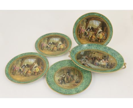 F&amp;R Pratt dessert wares, comprising an oval short comport and four plates, decorated with engravings by Jesse Austen afte