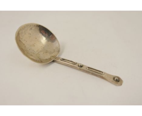 Arts and Crafts period hammered silver tea caddy spoon, maker AEB, London 1909, hand hammered round bowl and simply decorated
