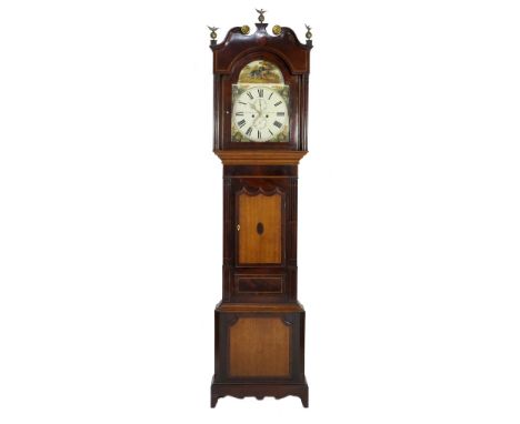 Oak and mahogany eight day longcase clock by John Davies, Chester, early 19th Century, the brass mounted pediment centred wit