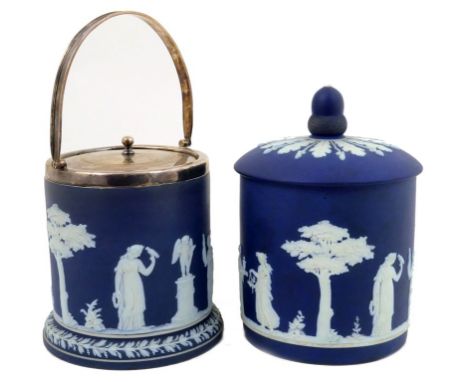 Wedgwood dark blue jasper tobacco jar and cover, cylinder form with acorn finial, decorated with applied classical figures, i