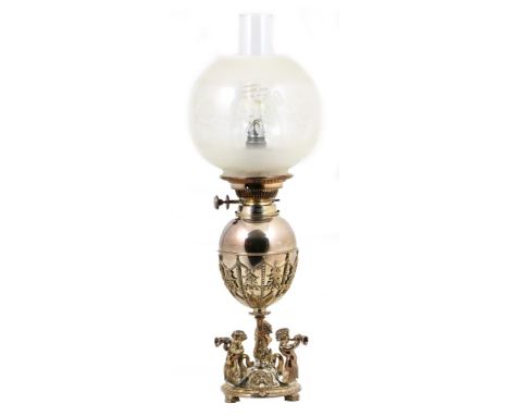 Electroplated pedestal oil lamp (converted to electricity), the ovoid tank supported on a circular base with three trumpeting