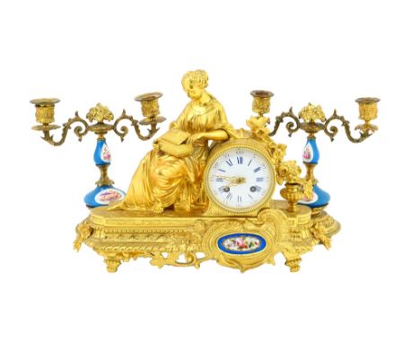 French gilt ormolu clock garniture, the clock with white enamelled dial, with blue Roman numerals, the movement  striking on 