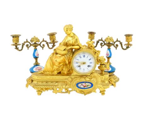 French gilt ormolu clock garniture, the clock with white enamelled dial, with blue Roman numerals, the movement  striking on 