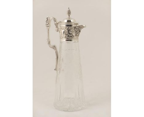 Silver mounted engraved glass claret jug, London 1977, with hinged domed cover with pine cone finial, swan capped handle and 