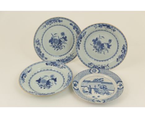 Chinese blue and white plate, decorated with Bijin within a walled garden, within a diaper border, Chenghua mark but 19th Cen