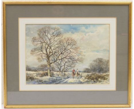 R W Dickens (Contemporary), Hacking on a December morning, watercolour over pen and ink, titled to a label verso, 27cm x 38cm