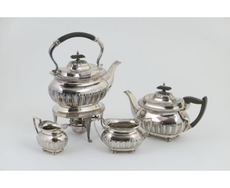 Victorian EPBM four piece tea service by Walker &amp; Hall, comprising spirit kettle, teapot, sugar basin and milk jug, all o