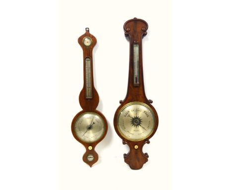 Victorian wheel barometer with a silvered dial inscribed "Archer, Hackney", and a thermometer above, in a mahogany scroll top