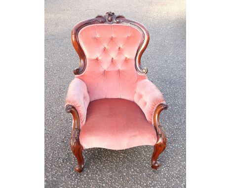 Victorian carved walnut armchair with a scroll back and arms, upholstered in button pink velour, on cabriole legs, H.98.5cm