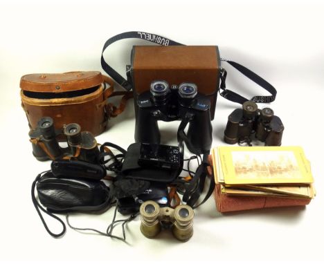 Ross London 1915 binoculars in leather case, Bausch &amp; Lomb binoculars, Bushnell Insta Focus binoculars in case, French op