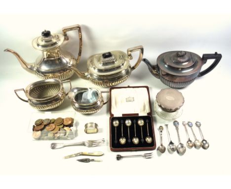 Set of 6 George V silver bean top coffee spoons, by Hukin &amp; Heath, Birmingham, 1927, cased; Victorian Fiddle, Thread, and