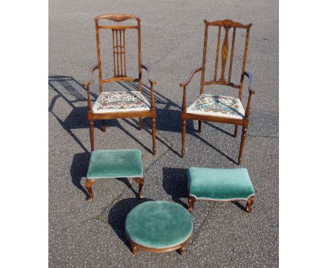 Two Edwardian inlaid beech open armchairs, each with an open back and floral upholstered seat, on turned tapering legs, Victo