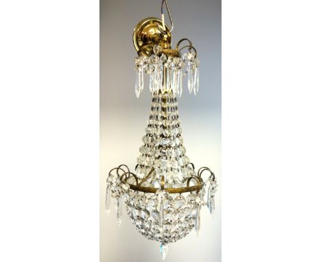 Gilt metal baguette chandelier with cut bead and prismatic drops, H.54cm approx.