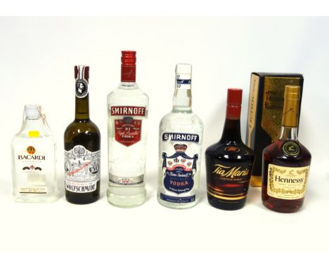 Smirnoff Blue Label Vodka, 100 proof, 1 Litre, 1 bottle; Smirnoff Red Label Vodka, 1 Litre, 37.5% vol., 1 bottle; Hennessy VS