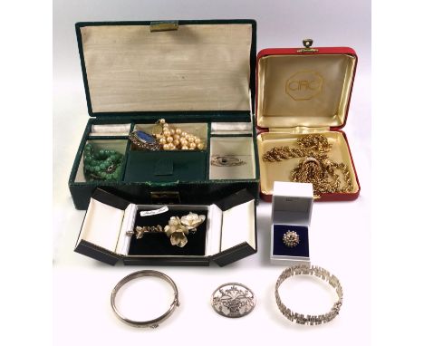 Silver engraved hinged bracelet, (chain a/f); bark effect bracelet, 925; silver openwork floral oval brooch, import marks, W.