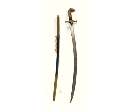Turkish Shamshir type sword, with brass hilt, black leather and brass scabbard, the brass with arabic inscription, 82cm long.