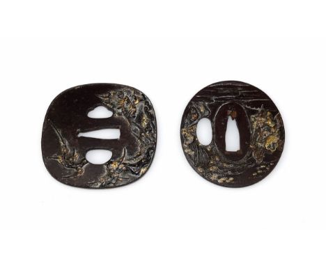 Japanese, rounded square bronze tsuba, Meiji Period,  with 3 apertures, the front with a samurai and flowering prunus tree in