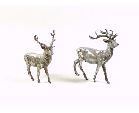 Two Elizabeth II silver realistically modelled stags, standing, 10.4 and 10.2cm high, by Asprey &amp; Co., London, 1987, 409g