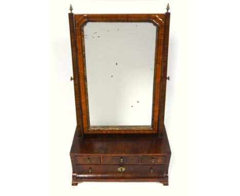 George II walnut dressing table mirror with an upright rectangular plate within a gilt moulded border, on a base with 3 drawe
