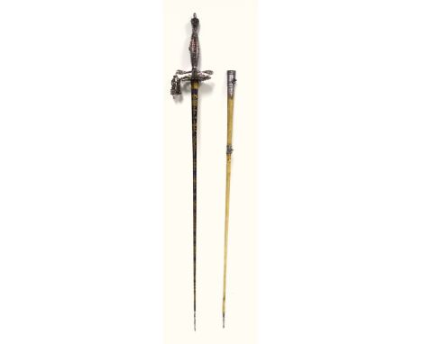 19th Century French Court sword with a blued and gilt triangular section blade engraved with motto "L'Honneur Me Fait Servir"