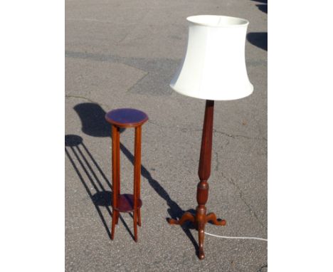 Mahogany lamp standard with a reeded baluster column, on 3 cabriole legs, H.146cm, and a circular 2 tier torchere, H.106cm. (