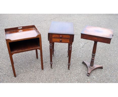 George III mahogany bedside table with a galleried rounded rectangular top, shelf and shaped apron below, on 4 chamfered legs