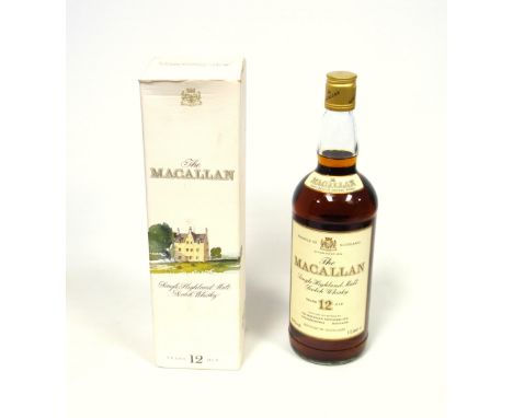 Bottle of Macallan 12 Year Old Speyside Single Malt Scotch Whisky, c.1990s, 1L, 43% ABV, in original box