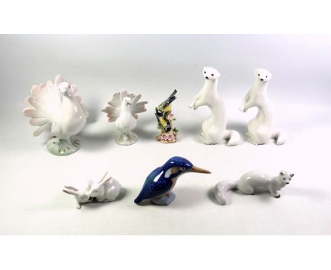 Pair of Lomonosov models of white stoats, H.18cm; another Russian stoat, Royal Copenhagen model of a Kingfisher, 3234, H.8.5c