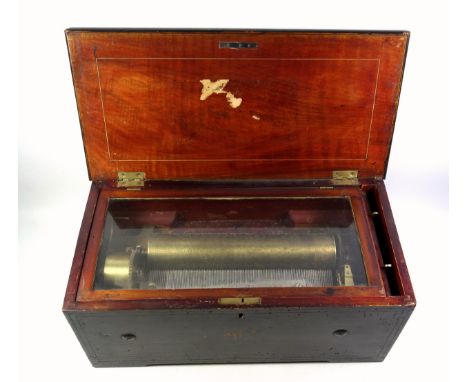 19th Century Swiss music box with a 27.5cm cylinder playing on a single section comb flanked by a 10 tooth percussion drum co