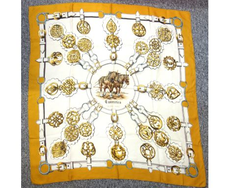 HermÃ¨s, Paris, "Guivreries" silk scarf, designed by F de La Perriere, mustard yellow, 88 x 88cm approx., (without box, one s