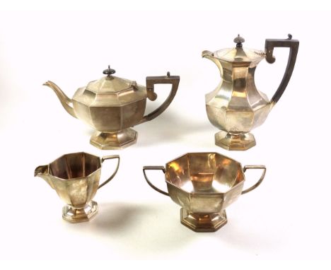 George V silver 4 piece octagonal baluster tea set comprising teapot, hot water jug, 2 handled sugar basin, and milk jug, by 