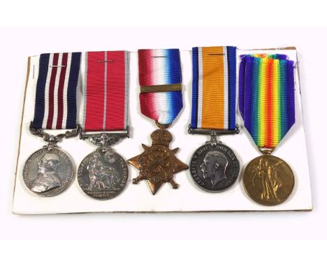Trio of George V medals awarded to 7158 Pte. J. Hooker, Hamps. R., comprising the 1914 "Mons" star with clasp "5th Aug-22nd N
