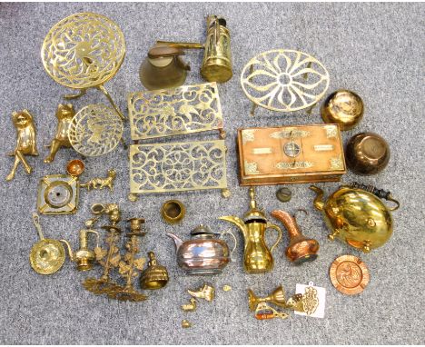 Brass mounted oak cigar and cigarette box, W.30cm; Eastern nielloed brass bowl, teapot, 2 coffee pots, and a chocolate pot; b