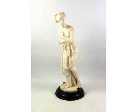 Italian alabaster figure of Pandora, the first woman, standing on a circular base, H.35cm overall, (fractional defects)