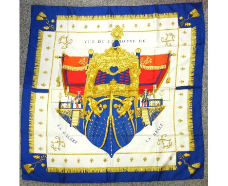 HermÃ¨s, Paris, "Vue du Carrosse De La GalÃ¨re RÃ©ale" silk scarf, designed by Hugo Grygkar, navy blue, 88 x 88cm approx., (w