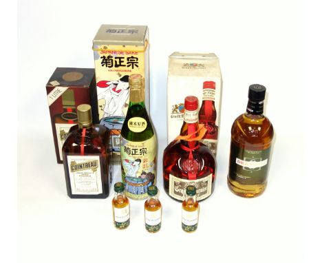 Bottle of Grand Marnier Liqueur, 1L; Cointreau, 1L; Kiku-Masamune Makage Sake, 720ml, all boxed; Drambuie, 1L, and 3 House of