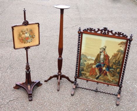 Victorian fire screen with a glazed gros point panel depicting a hunter, in a walnut barley twist frame, 115.5 x 76.5cm; Will