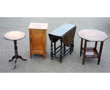 Edwardian inlaid mahogany table with an octagonal top and galleried square undertier, on pierced tapering legs, 66 x 67.7cm; 
