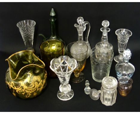 Italian green glass wine cooler with stopper, H.35cm; Venetian vase with a pinched neck, cut claret jug with a faceted stoppe