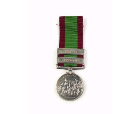 Victoria Afghanistan medal 1878-80 with 2 clasps "Charasia" and "Kabul" awarded to 1748 Pte. R. James, 67th Foot, with ribbon