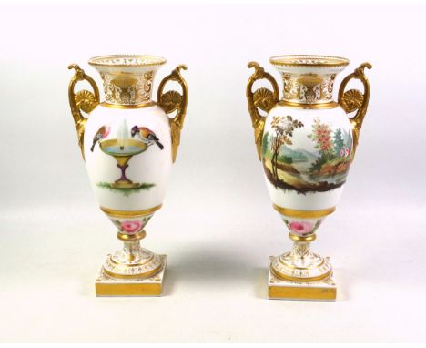 Pair of Regency Swansea porcelain vases, each of baluster form with a flared neck, 2 shell and loop handles, gilt classical d