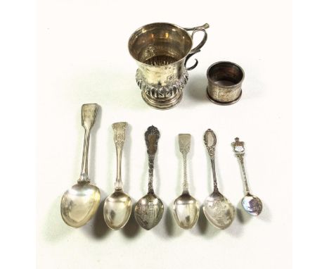 Victorian silver campana shaped christening mug with twin scroll handle, chased and embossed floral and acanthus leaf decorat