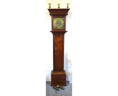 George III longcase clock with a brass dial inscribed "Gardner Oswestry", seconds dial and calendar aperture enclosing an 8 d