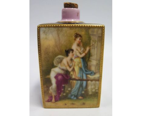 VIENNA PORCELAIN FLASK DECORATED WITH SCENES OF LADIES PAINTING AND WITH ENAMELLED AND JEWELLED DECORATION, signed F. Hiebel 