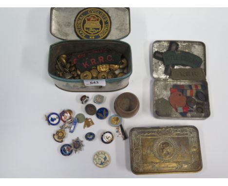 H.M.S. VALIANT TEAK BARREL, 1914 CHRISTMAS TIN, ENAMEL BADGES ETC