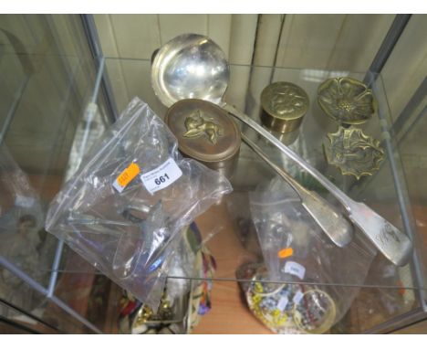 SELECTION OF SILVER AND PLATE INCLUDING SUGAR TONGS AND NAPKIN RING, PLATED LADLE ETC
